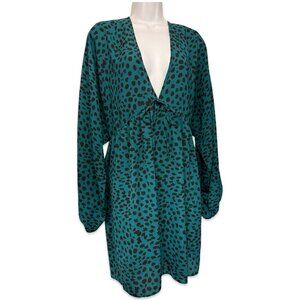 ASOS Curve Green Animal Print Plunging V-Neck Babydoll Dress - Size 14